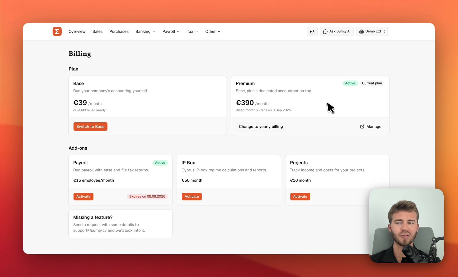 The Sumly Billing page with the Base and Premium plan cards side by side, Premium marked Active and Current plan, and the Payroll, IP Box and Projects add-on cards below