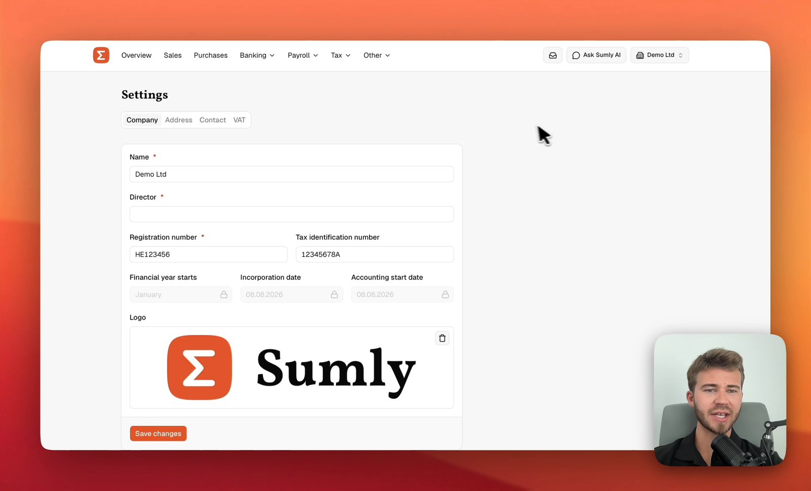 The Sumly Settings page on the Company tab, showing the company name, an empty Director field, a registration and tax number, three locked date fields, the company logo and a Save changes button