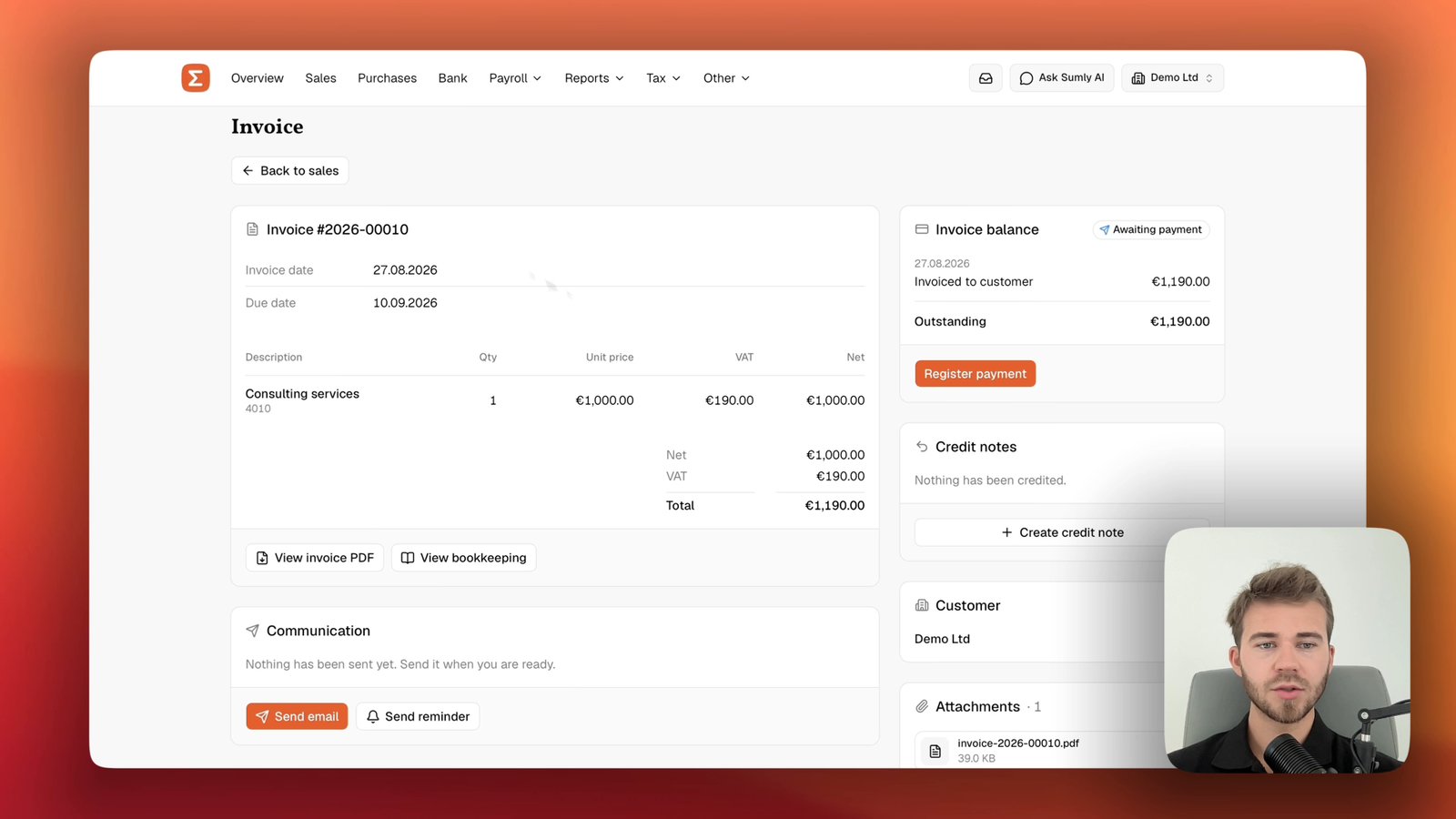 A newly created invoice in Sumly, showing its assigned number, an Awaiting payment balance and the generated PDF under Attachments