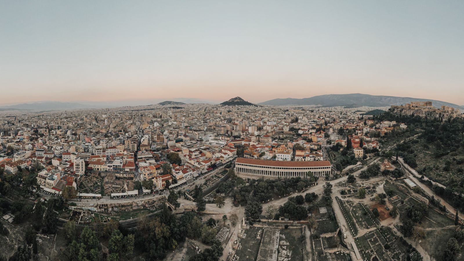 Aerial view over Athens, Greece at sunrise