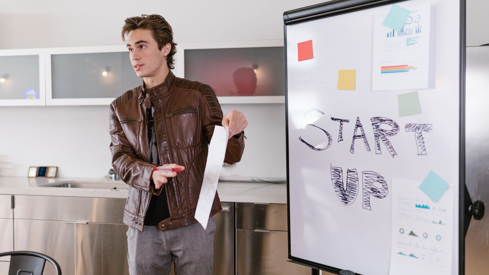 Founder presenting an early business plan at a flip chart