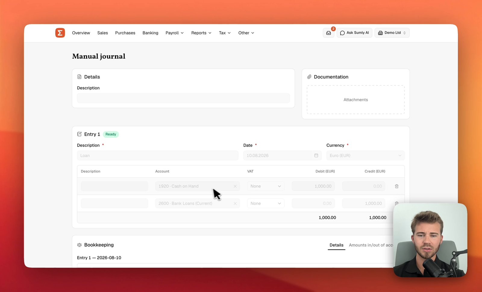 The Manual journal screen in Sumly after posting, every field greyed out, with a Ready chip on Entry 1 and two lines debiting 1,000.00 to 1920 Cash on Hand and crediting 1,000.00 to 2600 Bank Loans (Current)