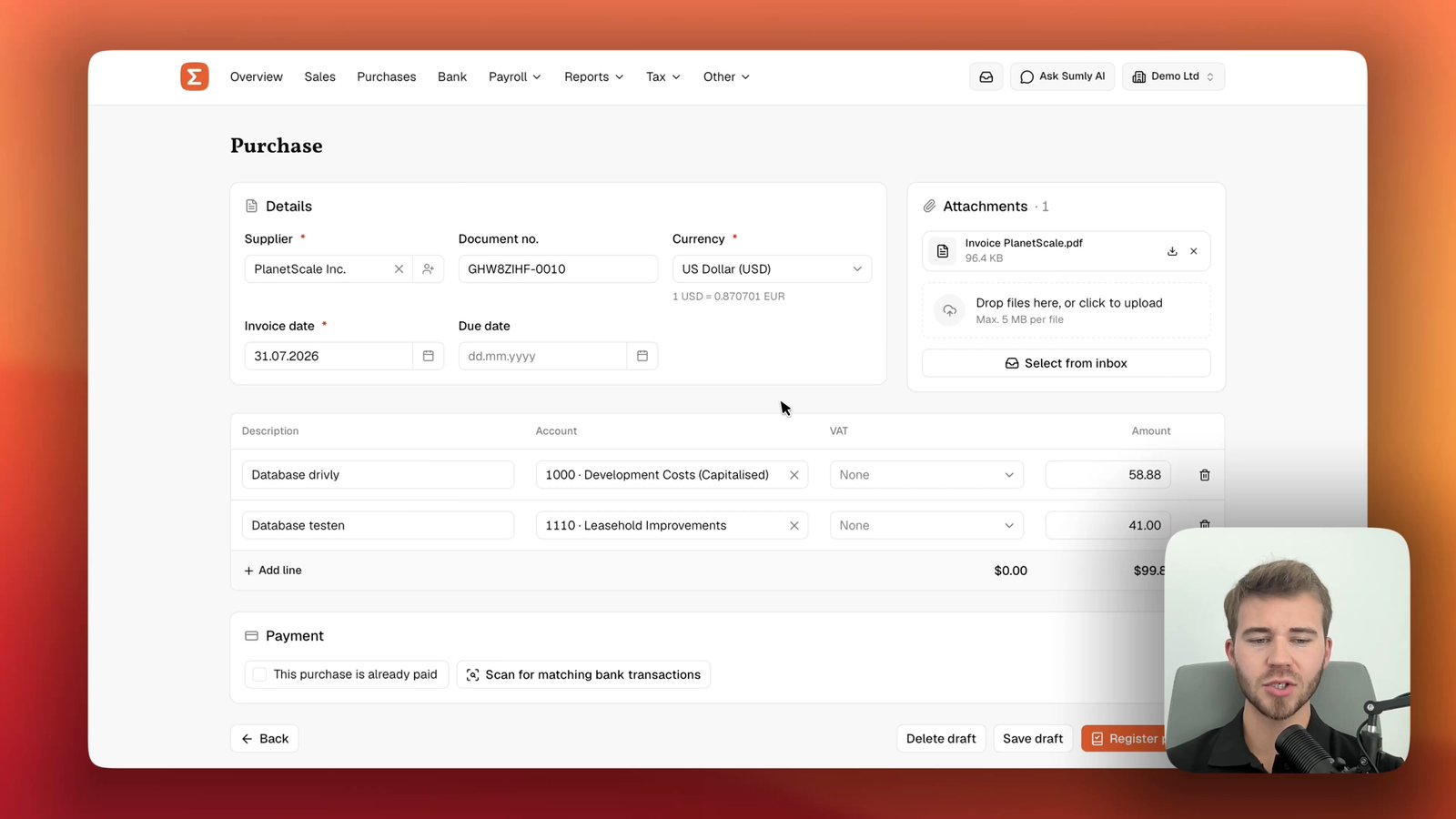 The Purchase draft in Sumly, with the header filled from the PDF, the invoice attached beside it, and two lines coded to accounts above the Payment block