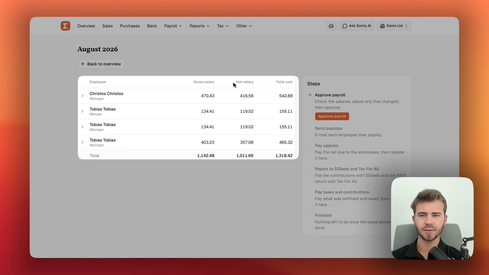 The August 2026 payroll run open in Sumly, with the employee salary table on the left and the Steps checklist on the right waiting on Approve payroll