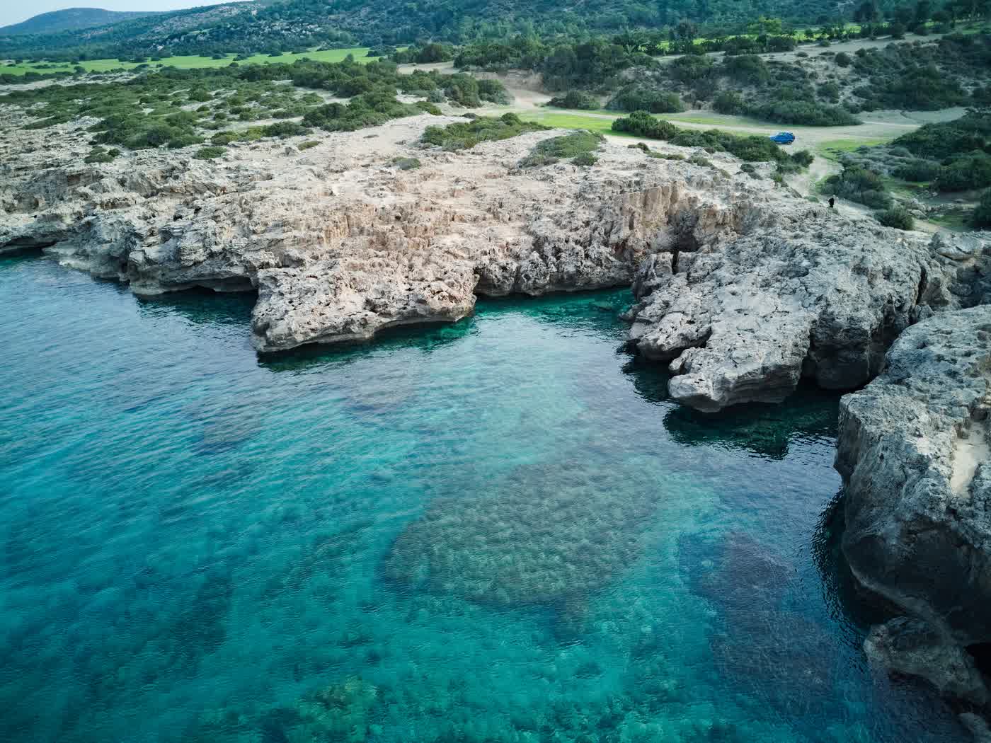 The rocky Akamas coastline from the air, clear shallows over the reef and green scrub behind the cliff