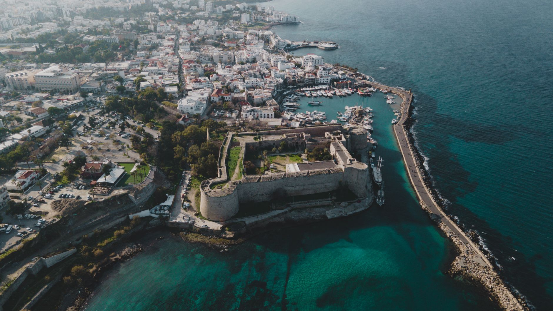 Limassol's seafront from the air, the marina and the towers of the new waterfront quarter along the coast