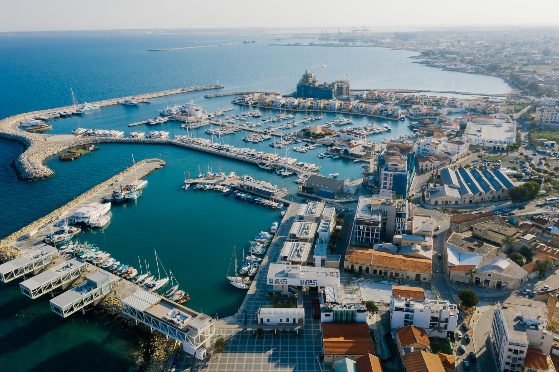 Limassol Marina from the air, with yachts moored beside the restored old port and the new waterfront quarter