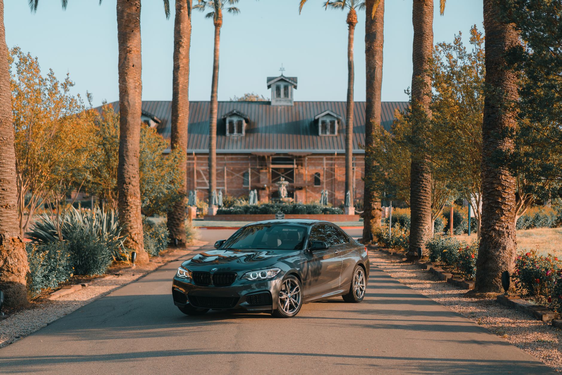 A dark BMW coupé parked on a palm-lined driveway in front of a villa in warm evening light