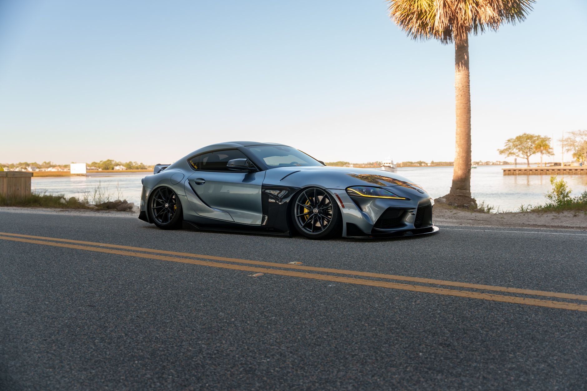 A grey sports car on a quiet coastal road beside the sea in Cyprus, with a palm tree behind